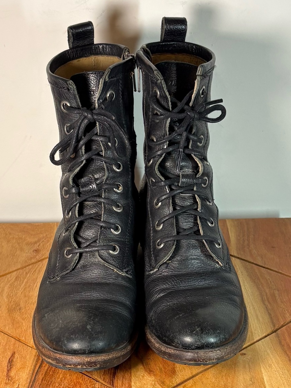 Frye Black Leather Lace-Up Combat Boots